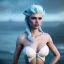 Placeholder: [Sea Elf] [Maormer] Queen with [white hair] and [blue skin] on a ship fantasy realism