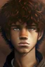 Placeholder: a 15 year old guy of copper penny skin color with fluffy hair, small dark brown eyes and a with slightly sharp features