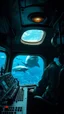 Placeholder: Captain sitting in a dark submarine control room , filled with cages and buttons and valve on the control dashboard, in a large window to the ocean with shark , paint it in the baroque style,
