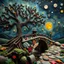 Placeholder: Photograph hasselblad h6d400c --ar 85:128 --v 6.0 of a fairy old bewitched bridge, tree, made of felt, art, 3d deep field, Joan Miró, wide angle landscape scene, galaxies, creepy, Max Ernst, needlepoint, abstract silhoutte, expressionist style, colorful holiday