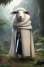 Placeholder: [photo realistic] a sheep standing with a Jedi cape and a Lightsaber, using the force, jungle in the background