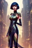 Placeholder: full body picture of a woman with a bob, a fringe hairstyle, Cleopatra clothing futuristic steampunk, city background