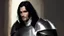 Placeholder: A dashing knight in steel plate armour, long black hair, pretty face, dignified