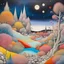 Placeholder: Colourful, peaceful,, Yves Tanguy, surrealistic, hypermaximalist, night sky filled with galaxies and stars, rocks, trees, flowers, one-line drawing, sharp focus, 8k, deep 3d field, intricate, ornate