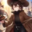 Placeholder: Clear focus, High resolution, short brown spiky hair, hair between eyes, eyes closed, wearing a brown detective hat, wearing a brown jacket and a black shirt, wearing black shorts, 1girl, pulling hat down, smiling