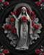 Placeholder: highest details, beautiful full posture of santa muerte, red roses, black background, mandala style, circle shaped, fashion, cinematic, 3d render