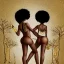 Placeholder: Biologically Female African American Twins, black skin, tall and slender, long afro kinky hair,big brown eyes, long eyelashes warrior wear. Big butts. Gold accents on clothing. Surround by trees. Holding golden spears. Starry night