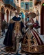 Placeholder: Pareja hombre y mujer con disfraz en el carnaval de Venezia caminando por Venezia mascara vestido hasta el suelo pantalones obra de arte pintura geométrica obra de arte hiperdetallada intricadas finamente detallada 8k