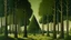 Placeholder: An olive green forest with axe shaped trees painted by Henri Rousseau