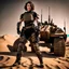 Placeholder: beautiful sexy caucasian female soldier, black metal body and limbs, visible cybernetic limbs, scratched sand camo, no armor, short brunette wavy bob haircut, dystopian, desert scene