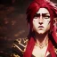 Placeholder: Barbarian anime character, animal hide armor, physically fit, tribal tattoos, scars, washboard abs, red facepaint, red hair, dark eyeshadow, intricate eyeliner, soft round eyes, beads in hair, 8k resolution, cinematic smooth, intricate details, vibrant colors, realistic details, masterpiece, oil on canvas, smokey background
