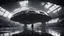 Placeholder: girl waving goodbye as sci-fi futuristic spaceship departing inside dark, wet, mysterious huge old futuristic sci-fi hangar, very high ceiling, photographic, black and white