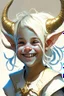 Placeholder: a child tiefling girl with white-blond hair and small horns, she wears white and gold and is happy