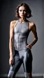 Placeholder: photography of a beautiful anorexic woman, grey satin triathlon top, brunette wavy bob haircut, pronounced sternum, flat chest, grey satin cycling leggins