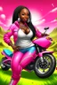 Placeholder: Create a digital airbrush cartoon of a curvy African American female wearing tight white jeans and a off the shoulder hot pink blouse. She is also wearing timberland boots. Prominent make up with hazel eyes. Highly detailed very long extremely braids of black hair. Her skin is smooth and silky. Background of a track of ATV riders.