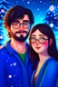 Placeholder: Christmas scene, dark haired couple, man with short black beard and glasses, woman with long hair, blue eyes, young couple, graphic