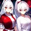 Placeholder: Clear focus, 8k, beautiful lighting, vibrant colors, girl, white hair, long hair, vibrant red eyes, ponytail, same twins, white hair, red eyes, same clothes, miko, hair in between the eyes,