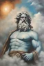 Placeholder: Epic heritage framed oil painting of zeus doing graffiti of clouds on grunge wall authentic colour pastel