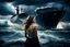 Placeholder: Compose a haunting and powerful image of a beautiful girl surrounded by her sadness in a surreal environment. Use dynamic lighting to create contrast and depth, illuminating her emotions and struggles. The sky above should be turbulent, with storm clouds brewing, reflecting the turmoil within her. In the background, depict a stormy ocean with a sinking ship, symbolizing loss and despair. Show a few people struggling for survival, adding a sense of urgency and chaos to the scene. Let the composit