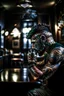 Placeholder: symbol for gazillion, scary tattooist in high end parlor, smoke, mist, lightrays, depth of field, photography