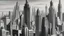 Placeholder: Gray-scale cityscape panorama, featuring towering art deco skyscrapers. Distant structures create depth and perspective, suggestive of a city skyline. Architectural details, like vertical lines and geometric shapes, are prominent. Soft, diffused light suggests an overcast day or atmospheric haze. The composition is a panoramic view, likely from a high vantage point, showcasing many building facades and sections of streets. The style evokes early 20th century architectural illustration. S