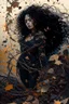 Placeholder: abstract creation of a beautiful girl with black curly hair, surrounded by black roses, thick metal chain broken, glass petals on the ground, autumn colours,dried out thorn bush, chaos,