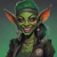 Placeholder: The image shows a female goblin with a mischievous grin, her sharp teeth peeking out as she takes a drag from a joint. Her emerald green skin is adorned with intricate tattoos and piercings, adding to her rebellious and edgy appearance. She wears a mix of tattered and modern clothing, combining elements of fantasy and urban street style. The goblin's gaze is intense and alluring, hinting at a complex personality that defies traditional expectations. In the background, a faint haze of smoke envel