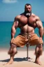 Placeholder: photography of a serious ugly burly strong turkish sells colored pareos on a crowded beach, 33 years old with traditional short pants, bearded, sitting on a chair, big legs, big feet, big shoulders, sunligh, photorealistic, 35mm lens, side light, ambient occlusion