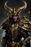 Placeholder: a character from the Warhammer 40, 000 universe, wearing a gold and black armor. The character has a demonic appearance, with horns and a menacing expression. also wearing a necklace, adding to the overall intricate and detailed design of the character. The scene is set against a dark background, which further emphasizes the character's imposing presence.