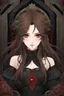 Placeholder: A confident looking young woman with pale skin and long brown hair in a dark fantasy setting with intricate details. She is wearing black and read leather, has red eyes, an air of malevolent power surrounds her. Anime style. High definition.