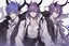 Placeholder: anime man with horns, fangs, messy purple hair and blue eyes