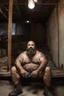 Placeholder: full figure shot photography of a 49-year-old turkish chubby heavyset tattoo very hairy sweaty worker sitting spread-legged in an old sofa inside a construction site shed, big shoulders, boots, dressed in bulging shorts,shirtless, stubble, big manly legs, hairy chest, serious eyes, midnight, dim neon lights illuminating and shine on the beards of sweat that fill his large chest, photorealistic , ambient occlusion