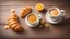 Placeholder: hot coffee and two croissants and orange juice on a wooden table background, selective approach.