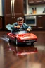 Placeholder: A tiny man, approximately 3 inches tall, is intensely driving a vintage, deep-red die-cast toy sports car (e.g., a miniature Ferrari Testarossa) across a highly polished dark wood kitchen floor. The man is gripping the miniature steering wheel, his expression one of focused determination and slight panic. He is wearing casual fashion: slightly distressed dark-wash jeans, a white crew-neck t-shirt, and a light-wash denim jacket that is flapping dramatically in the speed-induced wind. The tiny car