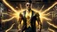 Placeholder: Hyper Realistic handsome muscular Electric-Superhero with short-black-hair wearing long-fancy-yellow-tuxedo-with-golden-circuit-patterns, Black-shirt & Golden-electric-tie & fancy-golden-sunglasses aggressively-unleashing-thunderbolt in a dark-rustic-circuit-room with electric-sparks-&-rays & a massive circuit-board-wall with-glowing-embers showing dramatic & cinematic ambiance.