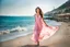 Placeholder: long shot, beautiful Turkish girl with nice blue eyes wearing a pink - blue dress walks in shore toward camera , sharp focus whole wiew,F :22, natural light, vertical composition, relaxed and natural, fresh and comfortable ,in seaside there are luxury beach hotels.