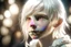 Placeholder: Detailed close-up photo-realistic portrait of a cute albino elf boy, cropped image showing left side, staring towards left of camera, cascading locks of long thick white hair, gray eyes, flawless skin, innocent look, look of wonder, contrasting lighting, bokeh in background,