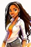 Placeholder: Create a digital airbrush cartoon of a curvy African American female wearing tight white jeans and a off the shoulder orange blouse. She is also wearing timberland boots. Prominent make up with hazel eyes. Highly detailed very long extremely dread locs black hair. Her skin is smooth and silky. Background of a track of ATV riders.