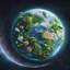 Placeholder: earth, greenery, little flowers, solar punk, positive, circuits, scifi buildings