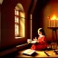 Placeholder: child reading and gathering knowledge in an old room with only candle light, high detail, medieval