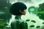 Placeholder: Photo of a skinny woman with a black bob hairstyle, in a green and silver android suit, looking at flying dandelion heads with octopus tentacles looking out over a lake, in an alien forest, with tall narrow cloud trees