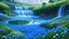 Placeholder: une image réaliste, une cascade, un champs de fleurs bleues