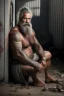 Placeholder: full figure shot frontal photography of a 58 year old dirty burly beefy gipsy carpenter wet sweat , tattoo, bullneck, long curly white beard , dreadlocks, manly chest, short white boxer, bulge, under the sun, sitting in the garbage outside an abandoned warehouse, misery and poverty, open legs, photorealistic, look at camera, very detailed , view from the ground , ambient occlusion