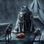 Placeholder: digital art front in picture an of little dark dog like creature stands and looking an anthropomorphic wolf couple sitting on the spaceship's ramp close together, the pale gray female wolf sits behind strong male wolf and puts one paw on the dark gray wolfman's shoulder, raini day, on ramp a little piece of meat lies down, high contrast, high detalied, high realistic, in background detail of an angular spaceship. Rain, The atmosphere is a seamless blend of sci-fi, dark fantasy