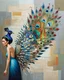 Placeholder: Minimalist abstract artwork in mixed media, depicting a woman with wings like a peacock's fanned plume, radiating as a colorful aura. Contemporary, minimalistic, and surreal, conveying enlightenment, discovery, and exhilaration. Influenced by Jacek Yerka and Richard Burlet, with subtle textures and a sophisticated palette of muted neutrals, deep blues, and striking red accents. Visionary and esoteric, with an emotional, mystical quality.