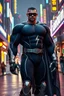 Placeholder: A giant, muscular man with extra-short, crew cut, black hair, blue eyes, short, trimmed goatee, standing stoically on the street in the neon lit, futuristic City of Xanadu prime, wearing a long-sleeved, highly textured, black body suit with gray piping that forms to his muscular frame, he has a silver lightning belt, silver wrist gauntlets, silver, knee-high boots, gray cape, he has the symbol of Xanadu Prime on his chest, and a thin black leather bandit eye mask
