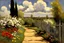 Placeholder: Clouds, spring trees, little pathway, fence, flowers, frederic bazille impressionisn painting