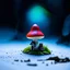 Placeholder: "Close up of a wonderful tiny Mushroom Tower home. indigo and red with bright white, deep black and contrasting tones of gray. Illuminated bioluminescent forest. Professional painter, master at composition. small but detailed. broken, blurred background, voluminous lighting"