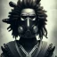 Placeholder: Guerreiro samurai afro com dreads cyberpunk com máscara de gás