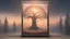 Placeholder: drawing on a cabinet 1.45 meters high and 34 meters wide, the last tree, city of the future year 4222, portal in space that's leads to the afterlife, and a beautiful sunset and galaxy's behind the fog, very realistic, 4K